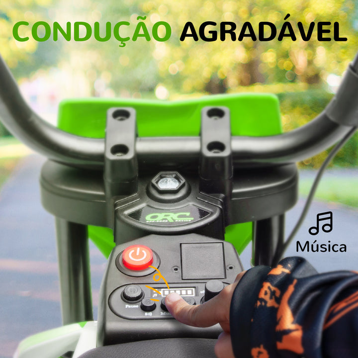 Mota Elétrica para Crianças de +3 Anos Mota Elétrica Infantil com Bateria 12V Música Velocidade 2,4-5 km/h e Rodas Auxiliares Removíveis Carga 30 kg 107x56x70 cm Verde