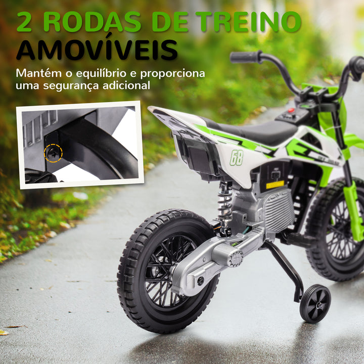 Mota Elétrica para Crianças de +3 Anos Mota Elétrica Infantil com Bateria 12V Música Velocidade 2,4-5 km/h e Rodas Auxiliares Removíveis Carga 30 kg 107x56x70 cm Verde