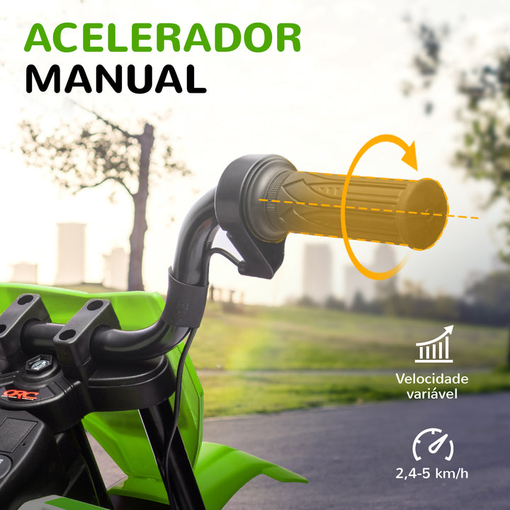 Mota Elétrica para Crianças de +3 Anos Mota Elétrica Infantil com Bateria 12V Música Velocidade 2,4-5 km/h e Rodas Auxiliares Removíveis Carga 30 kg 107x56x70 cm Verde