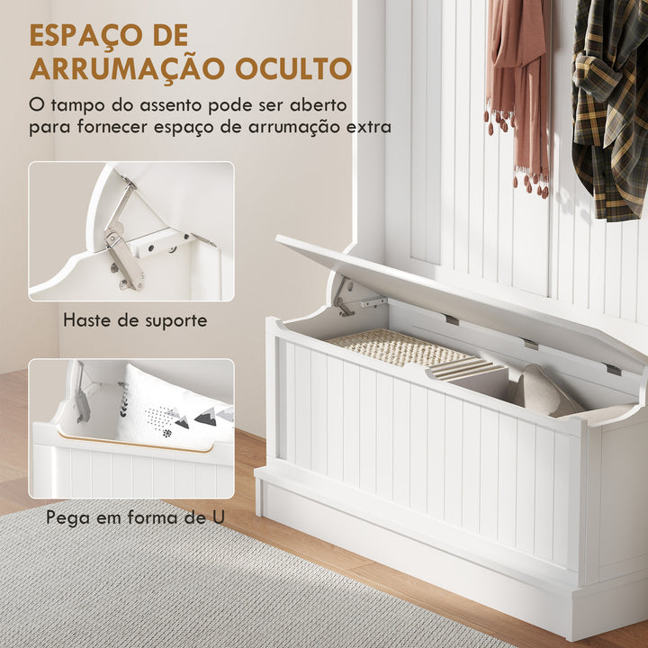 Cabide com banco Conjunto de salão Mobília do salão 5 ganchos espaço de armazenamento 96x34x179,7cm Branco