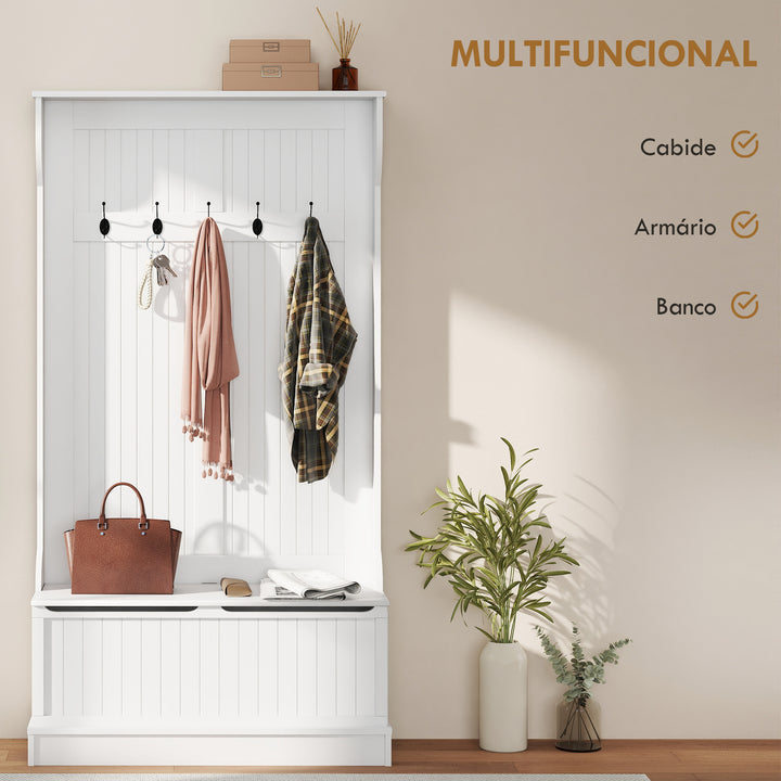 Cabide com banco Conjunto de salão Mobília do salão 5 ganchos espaço de armazenamento 96x34x179,7cm Branco