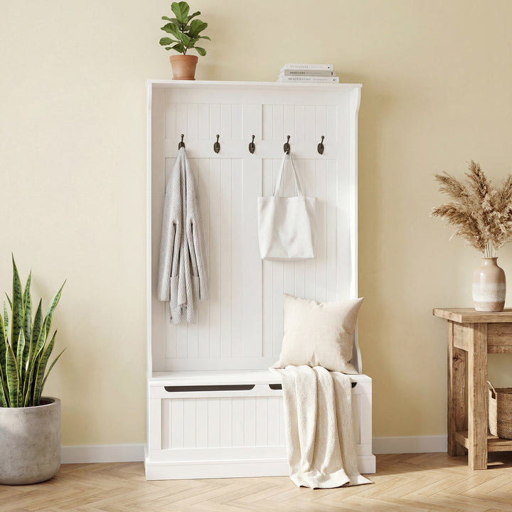 Cabide com banco Conjunto de salão Mobília do salão 5 ganchos espaço de armazenamento 96x34x179,7cm Branco