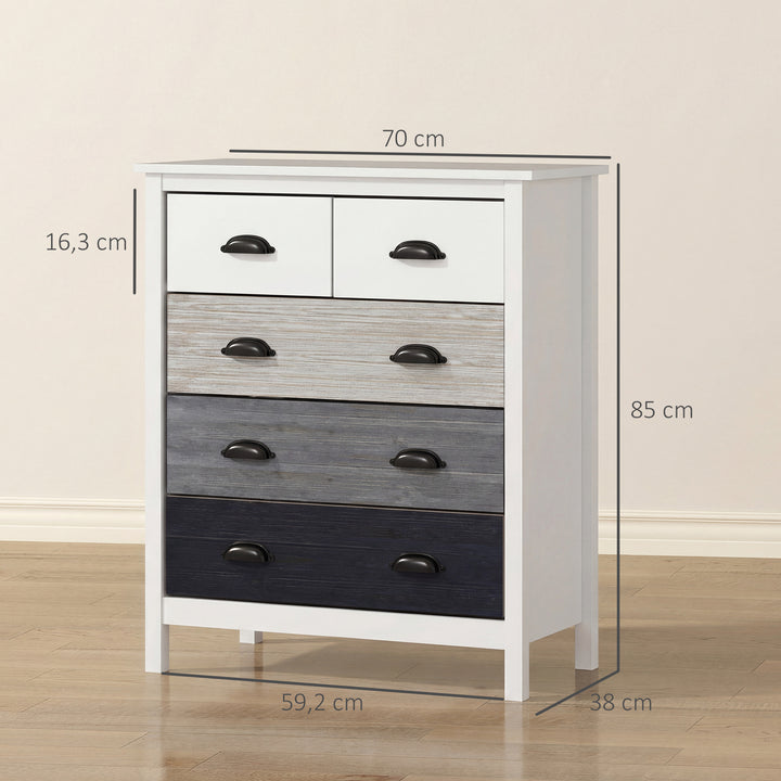 Cómoda com 5 Gavetas Cómoda para Dormitório Moderna com Desenho Anti-Tombo Cómoda para Sala de Estar Corredor 70x38x85 cm Branco