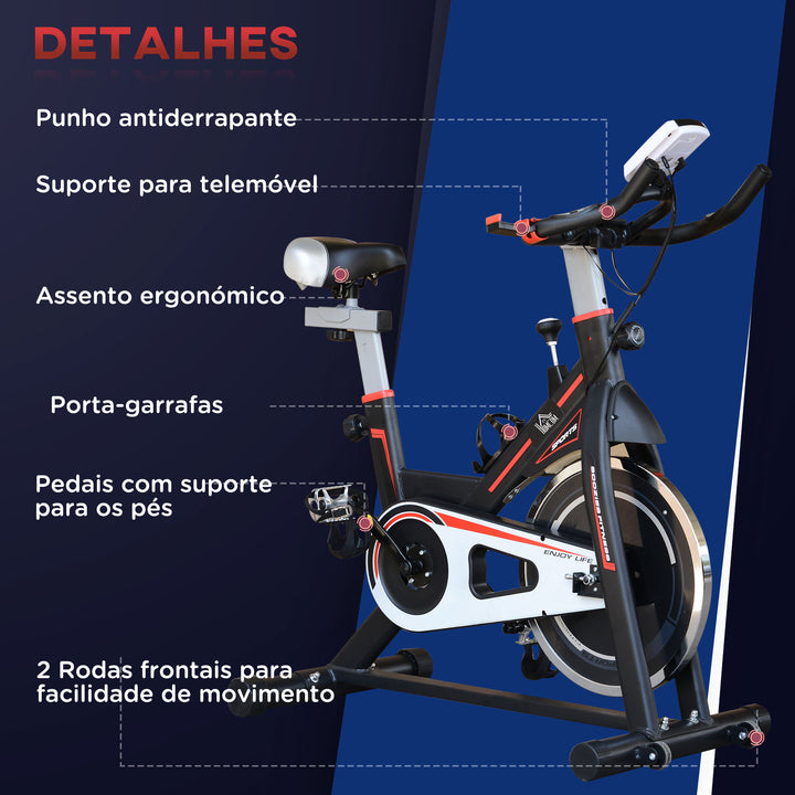 Bicicleta Estática com Resistência Ajustável Bicicleta Fitness com Volante de Inércia de 8kg Ecrã LCD Assento e Guiador Ajustáveis Suporte para Tablet 103x48x115cm Preto