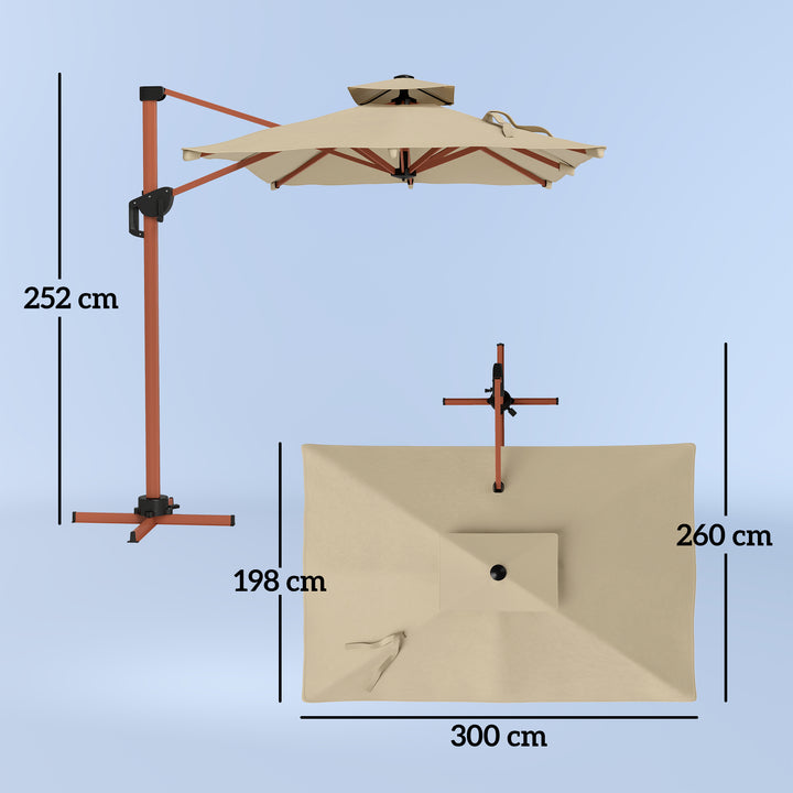 Chapéu de Sol de Jardim 300x198x252 cm Chapéu de Sol Excêntrico de Alumínio com Manivela Inclinação Ajustável Duplo Teto e Base Cruzada Giratória 360° para Varanda Exterior Pátio Caqui