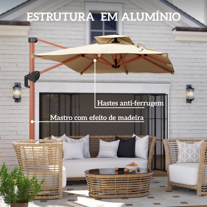 Chapéu de Sol de Jardim 300x198x252 cm Chapéu de Sol Excêntrico de Alumínio com Manivela Inclinação Ajustável Duplo Teto e Base Cruzada Giratória 360° para Varanda Exterior Pátio Caqui