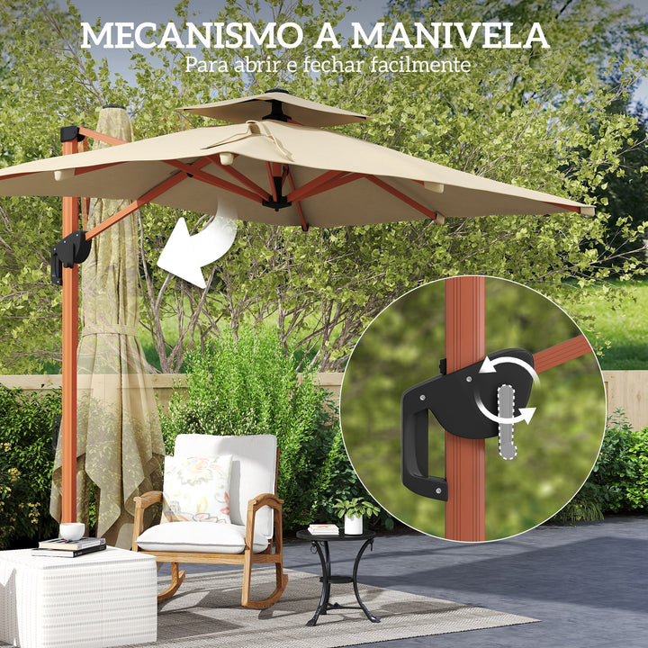 Chapéu de Sol de Jardim 300x198x252 cm Chapéu de Sol Excêntrico de Alumínio com Manivela Inclinação Ajustável Duplo Teto e Base Cruzada Giratória 360° para Varanda Exterior Pátio Caqui
