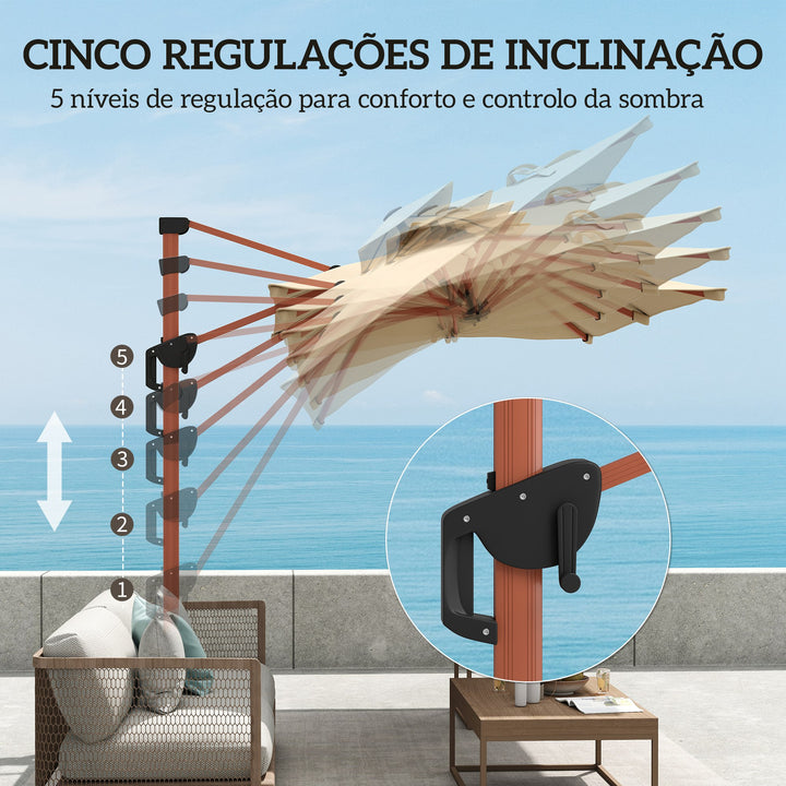 Chapéu de Sol de Jardim 300x198x252 cm Chapéu de Sol Excêntrico de Alumínio com Manivela Inclinação Ajustável Duplo Teto e Base Cruzada Giratória 360° para Varanda Exterior Pátio Caqui