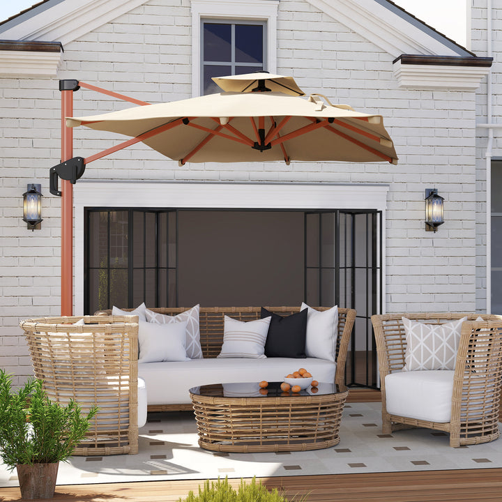 Chapéu de Sol de Jardim 300x198x252 cm Chapéu de Sol Excêntrico de Alumínio com Manivela Inclinação Ajustável Duplo Teto e Base Cruzada Giratória 360° para Varanda Exterior Pátio Caqui