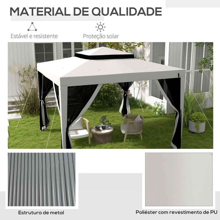 Pérgola de Jardim 297x297x268 cm Pérgola com 4 Redes Mosquiteiras Laterais com Fecho de Correr Teto de Ventilação e 8 Orifícios de Drenagem Pérgola para Terraço Pátio Exterior Cinza