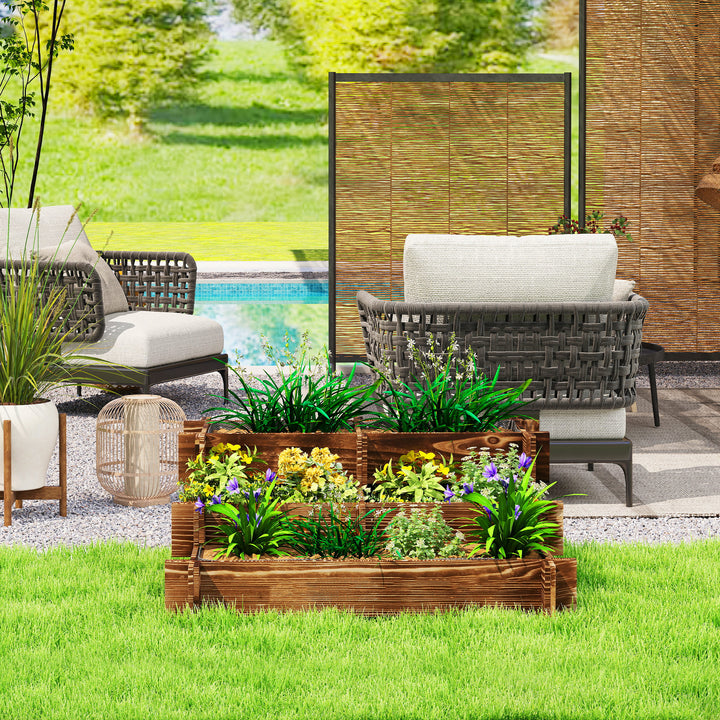 Caixa de Plantio de Madeira de 3 Níveis Horta Vertical em Escada com Malha Geotextil para Cultivos de Plantas Flores para Jardim Terraço Exterior 93x93x35 cm Carbonizado