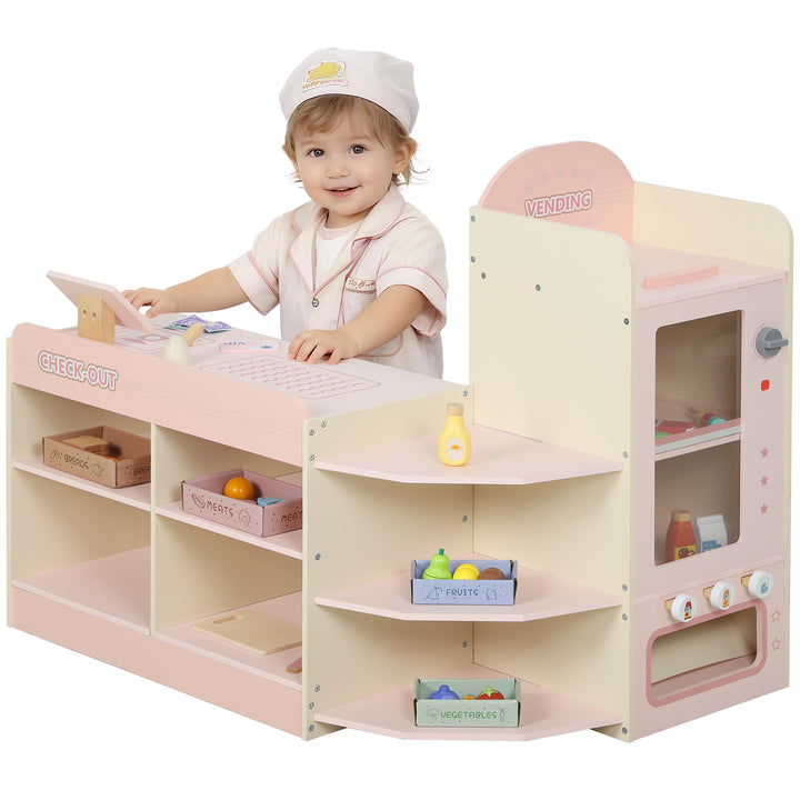 Supermercado de Brinquedo em Madeira Loja com Caixa Registadora Máquina de Venda Automática 3 Prateleiras Abertas 4 Compartimentos e Caixas Etiquetadas para Crianças acima de 3 Anos 90,7x60x73,8 cm Rosa