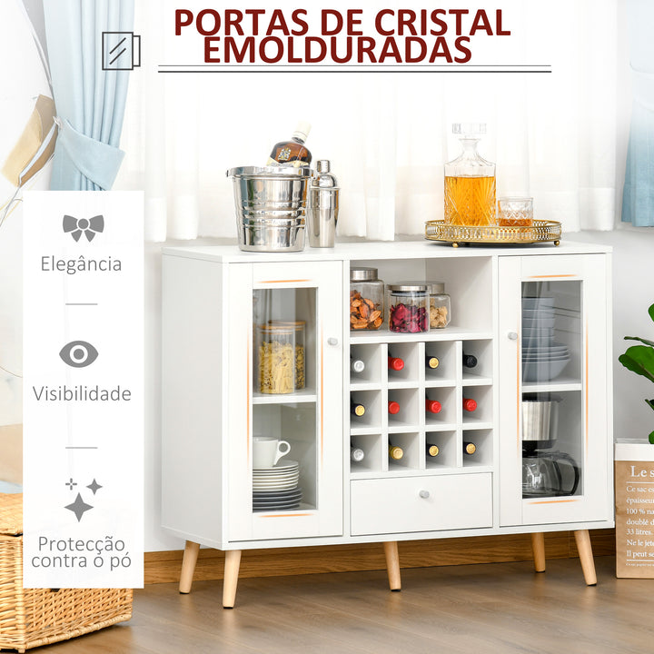 Aparador de Cozinha Armário de Armazenamento com 12 suportes para Garrafas e 3 Estantes Portas de vidro 100x30x80cm Branco