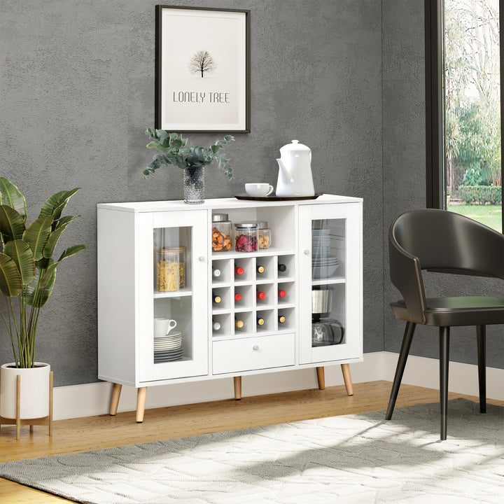 Aparador de Cozinha Armário de Armazenamento com 12 suportes para Garrafas e 3 Estantes Portas de vidro 100x30x80cm Branco
