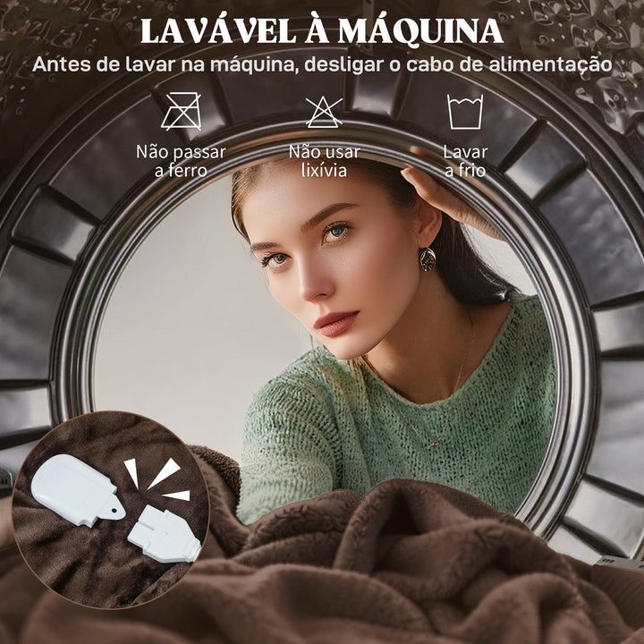Manta Elétrica 180x130 cm Manta Térmica Sofá com Tecido Suave 10 Níveis de Temperatura Temporizador Lavável na Máquina Proteção contra Sobreaquecimento e Ecrã LED Marrom