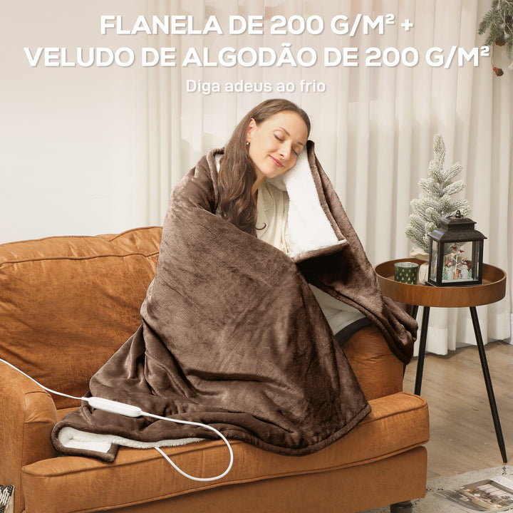 Manta Elétrica 180x130 cm Manta Térmica Sofá com Tecido Suave 10 Níveis de Temperatura Temporizador Lavável na Máquina Proteção contra Sobreaquecimento e Ecrã LED Marrom