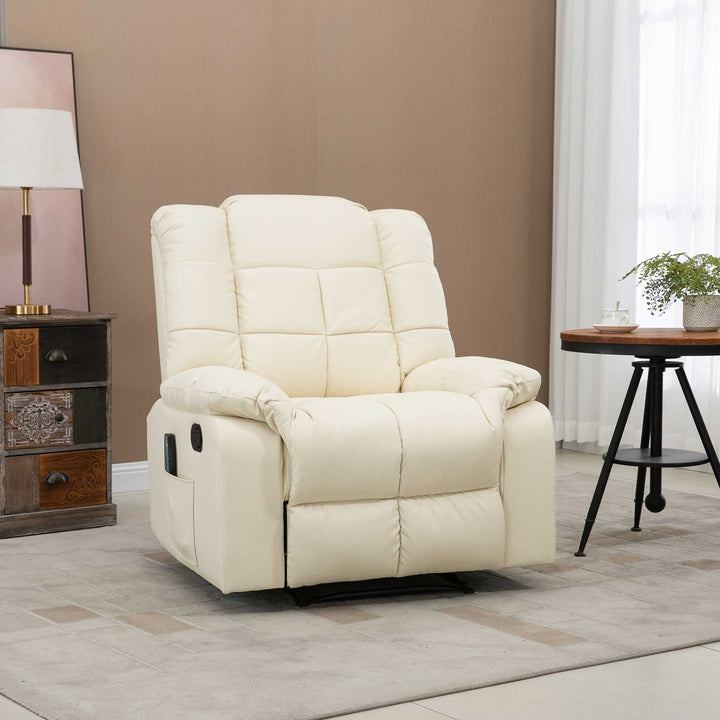 Poltrona de Massagem Poltrona Relax Reclinável com 8 Pontos de Massagem Controlo Remoto Estofada em PU Apoio para Pés Bolso Lateral Poltrona para Sala de Estar Quarto 94x99x99 cm Creme
