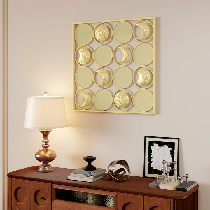 Decoração de Parede Metálica de Fases Lunares Adornos Metálicos Multidirecionais com 16 Discos para Sala Quarto Corredor 67,9x67,9 Dourado