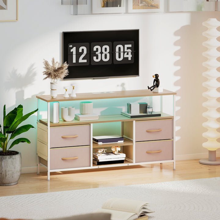 Móvel de TV com Luz LED Móvel de TV para Sala com Tomadas Portas USB Prateleiras Abertas 4 Gavetas de Tecido e Bolso para Televisão até 50 Polegadas 120x30x67,5 cm Bege e Madeira