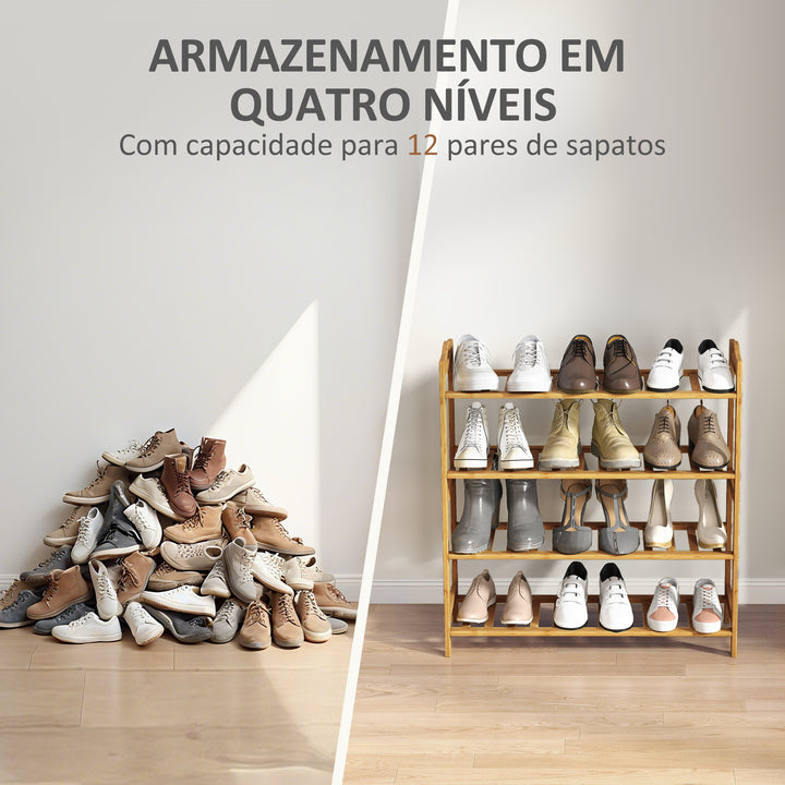 Sapateira de 4 Níveis Estante para Sapatos em Bambu para 12 Pares de Sapatos para Entrada Corredor Quarto 67,5x24,7x72 cm Madeira