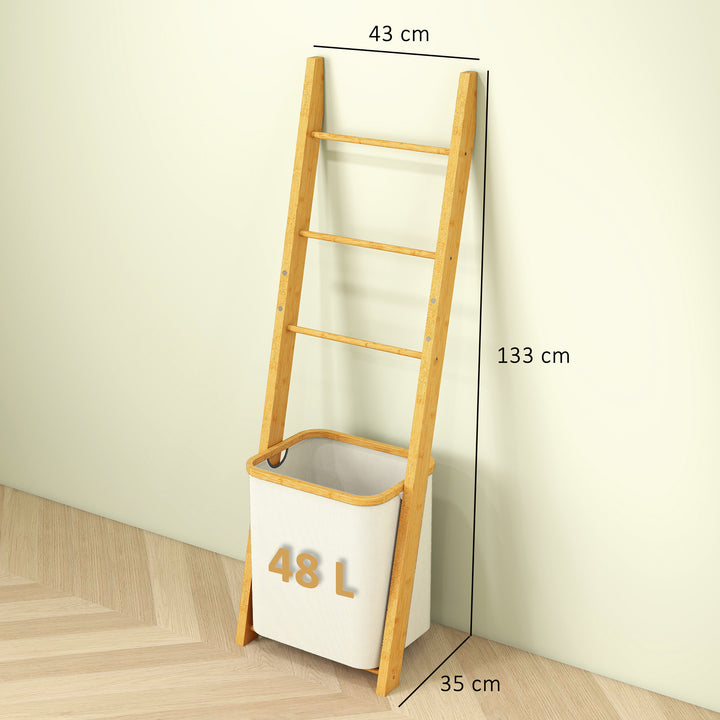 Estante para Casa de Banho de Bambu Toalheiro de Pé com 3 Barras e Cesto para Roupa Suja Removível de 48 L para Quarto Lavandaria 43x35x133 cm Creme e Madeira