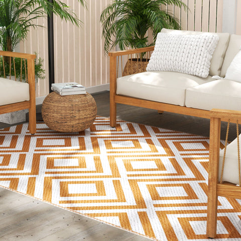 Tapete de Exterior 182x274cm Tapete Reversível de Plástico Impermeável para para Varanda Pátio Campismo Praia Marrom e Branco