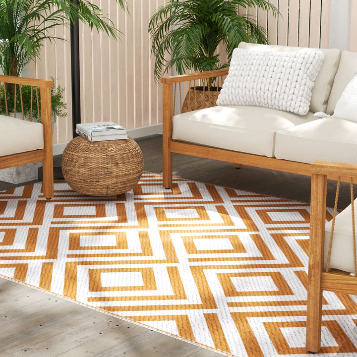 Tapete de Exterior 182x274cm Tapete Reversível de Plástico Impermeável para para Varanda Pátio Campismo Praia Marrom e Branco