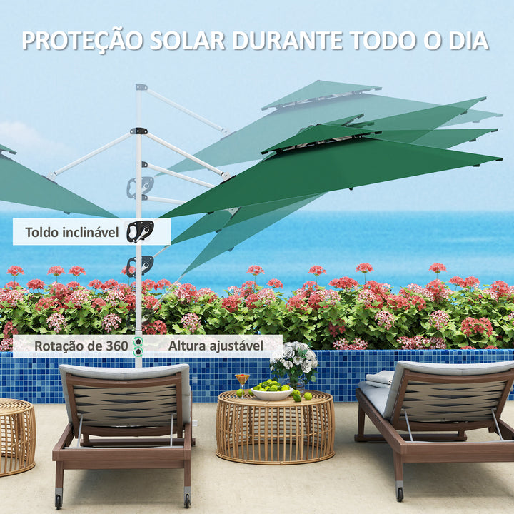 Chapéu de Sol Excêntrico Ø292 cm Chapéu de Sol de Jardim com Manivela Rotativo 360° Inclinação Ajustável Duplo Teto e Base Cruzada Chapéu de Sol para Exterior Pátio Verde Escuro