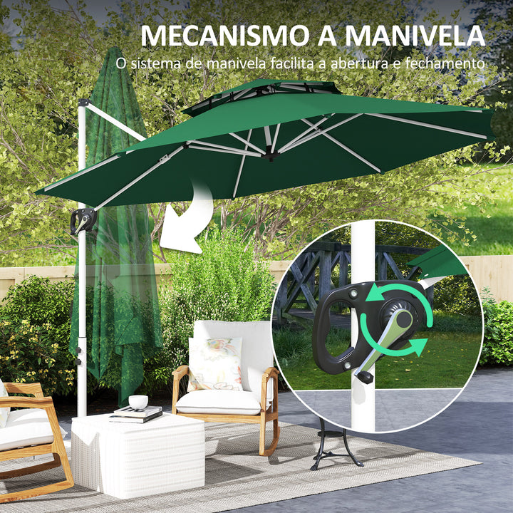 Chapéu de Sol Excêntrico Ø292 cm Chapéu de Sol de Jardim com Manivela Rotativo 360° Inclinação Ajustável Duplo Teto e Base Cruzada Chapéu de Sol para Exterior Pátio Verde Escuro