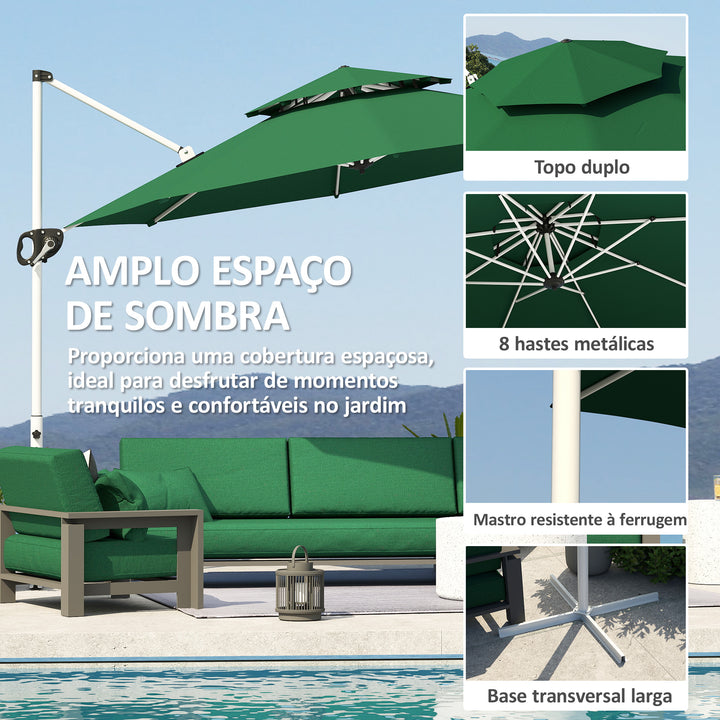 Chapéu de Sol Excêntrico Ø292 cm Chapéu de Sol de Jardim com Manivela Rotativo 360° Inclinação Ajustável Duplo Teto e Base Cruzada Chapéu de Sol para Exterior Pátio Verde Escuro