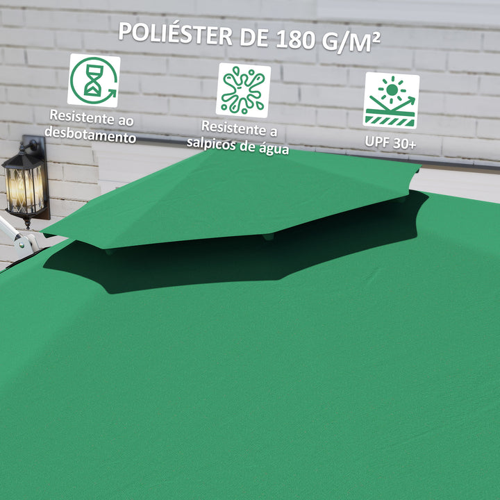 Chapéu de Sol Excêntrico Ø292 cm Chapéu de Sol de Jardim com Manivela Rotativo 360° Inclinação Ajustável Duplo Teto e Base Cruzada Chapéu de Sol para Exterior Pátio Verde Escuro