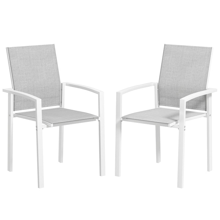 Conjunto de 2 Cadeiras de Jardim Cadeiras de Exterior Empilháveis Cadeiras de Refeição com Tecido Transpirável Estrutura em Aço Apoios de Braços e Encosto 56x58x89 cm Branco e Cinzento