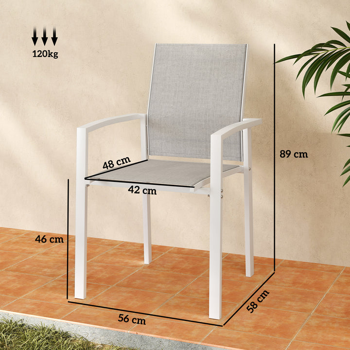 Conjunto de 2 Cadeiras de Jardim Cadeiras de Exterior Empilháveis Cadeiras de Refeição com Tecido Transpirável Estrutura em Aço Apoios de Braços e Encosto 56x58x89 cm Branco e Cinzento
