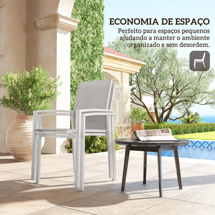 Conjunto de 2 Cadeiras de Jardim Cadeiras de Exterior Empilháveis Cadeiras de Refeição com Tecido Transpirável Estrutura em Aço Apoios de Braços e Encosto 56x58x89 cm Branco e Cinzento