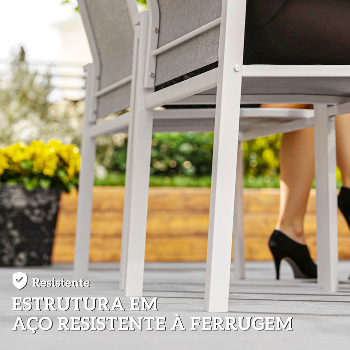 Conjunto de 2 Cadeiras de Jardim Cadeiras de Exterior Empilháveis Cadeiras de Refeição com Tecido Transpirável Estrutura em Aço Apoios de Braços e Encosto 56x58x89 cm Branco e Cinzento