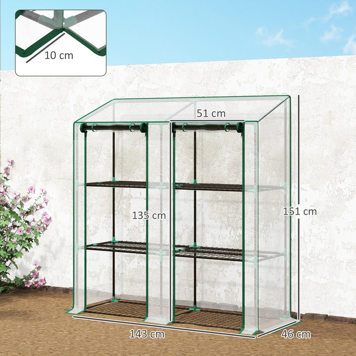Estufa de Jardim de 3 Níveis Estufa de Terraço com Prateleiras Teto Inclinado e 2 Portas com Fecho de Correr para Cultivo de Plantas em Pátio 143x46x141/151 cm Transparente