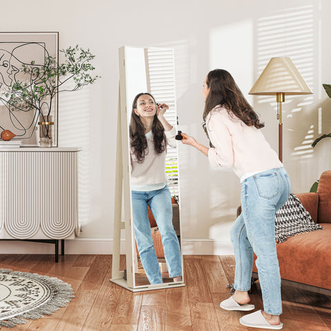 Joalheiro de Pé Armário para Joias com 6 Luzes LED Fechadura Organizador de Joias com Prateleiras Suportes para Anéis 38x38x157cm Branco e Bege