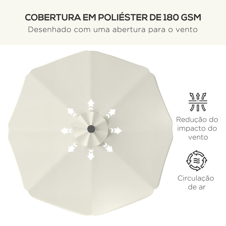 Chapéu de Sol de Jardim Ø292x248 cm Chapéu de Sol com Manivela 32 Luzes LED Solares e 8 Hastes para Pátio Varanda Exterior Creme