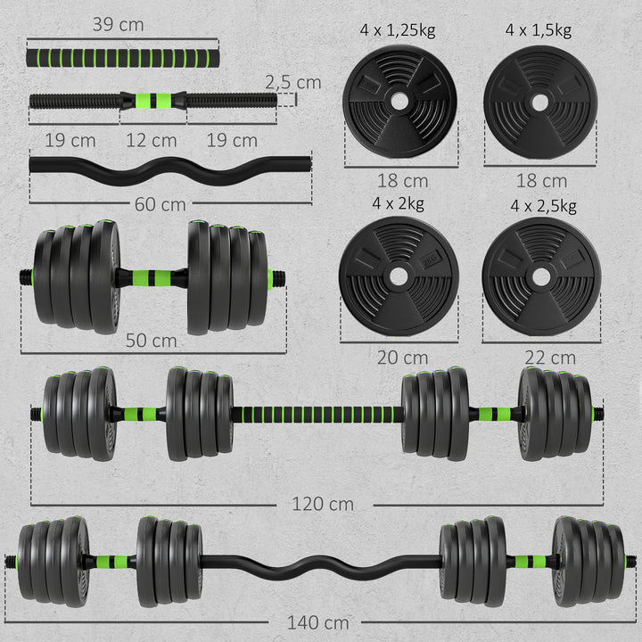 Conjunto de Halteres Ajustáveis 3 em 1 30 kg Conjunto de Pesos com Barras de Conexão e Pegas Antiderrapantes Pesos e Halteres para Exercício de Fitness Ginásio em Casa