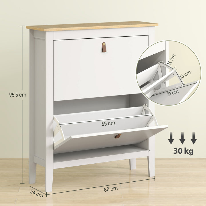 Sapateira Estreita Móvel Sapateira para Entrada com 2 Gavetas Abatíveis Prateleiras Ajustáveis e Puxadores em PU para 14 Pares de Sapatos para Corredor 80x24x95,5 cm Branco