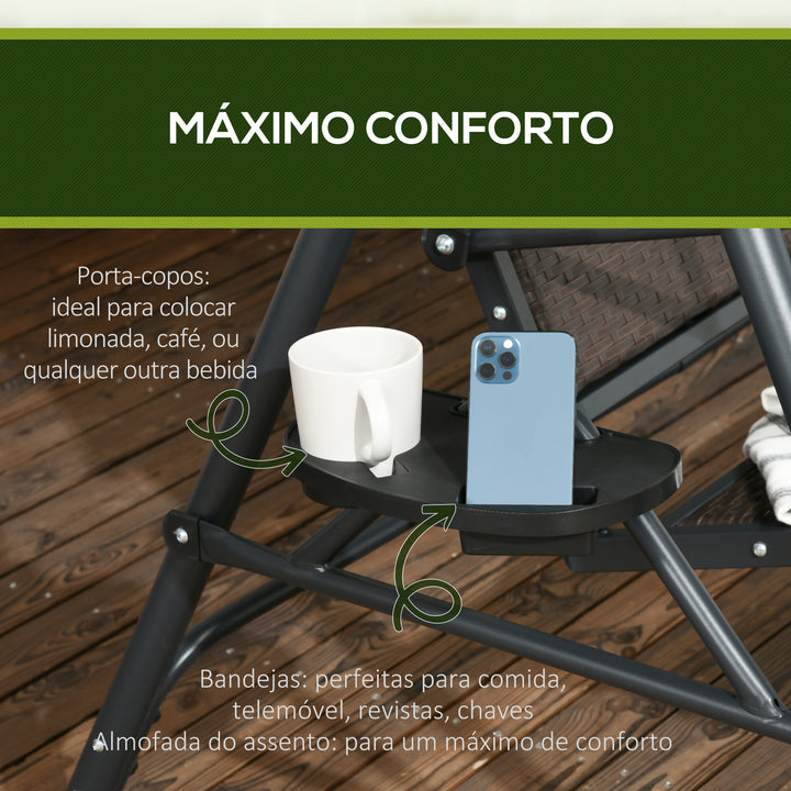 Baloiço de Jardim de 3 Lugares Baloiço para Exterior com Toldo Ajustável Assento de Vime 2 Suporte para Capos 2 Bandejas e Estrutura de Aço para Varanda Pátio 204x112x150 cm Cinza