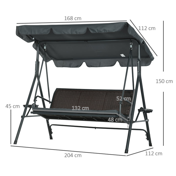 Baloiço de Jardim de 3 Lugares Baloiço para Exterior com Toldo Ajustável Assento de Vime 2 Suporte para Capos 2 Bandejas e Estrutura de Aço para Varanda Pátio 204x112x150 cm Cinza