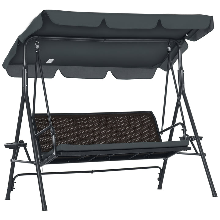 Baloiço de Jardim de 3 Lugares Baloiço para Exterior com Toldo Ajustável Assento de Vime 2 Suporte para Capos 2 Bandejas e Estrutura de Aço para Varanda Pátio 204x112x150 cm Cinza