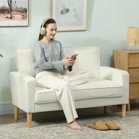 Sofá de 2 Lugares Estofado em Veludo Sofá Sala de Estar com Assento Capitonê e Pés em Madeira para Espaços Pequenos Quarto Sala de Estar Escritório 130x74,5x82 cm Creme