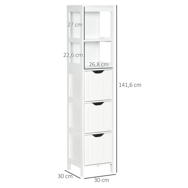 Armário Casa de Banho Estreito com 3 Gavetas e 2 Prateleiras Abertas Coluna de Casa de Banho Estilo Moderno para Sala Casa de Banho Cozinha 30x30x141,6 cm Branco