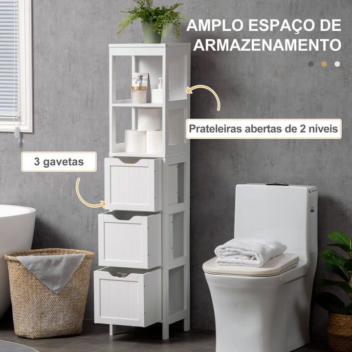 Armário Casa de Banho Estreito com 3 Gavetas e 2 Prateleiras Abertas Coluna de Casa de Banho Estilo Moderno para Sala Casa de Banho Cozinha 30x30x141,6 cm Branco