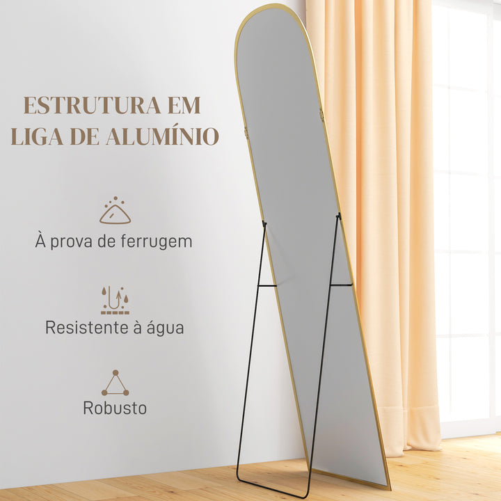 Espelho de Pé Espelho de Corpo Inteiro 50x170 cm Espelho de Parede com Estrutura de Liga de Alumínio e Suporte para Sala Quarto Banheiro Dourado