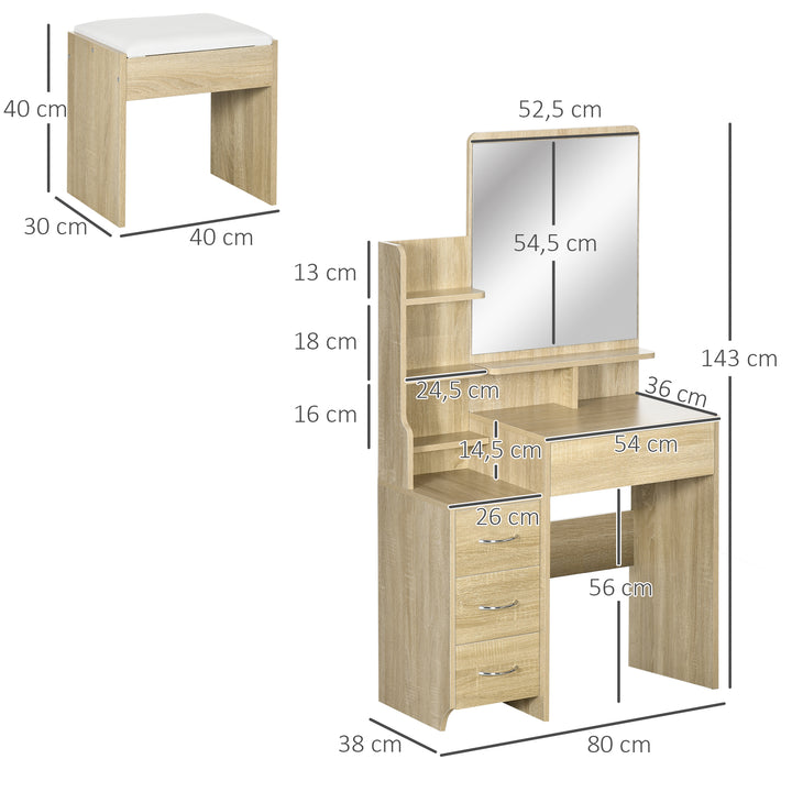 Toucador de Maquilhagem com Banco e Espelho Mesa de Maquilhagem com 4 Gavetas 4 Compartimentos de Armazenamento Estilo Moderno 80x38x143 cm Madeira