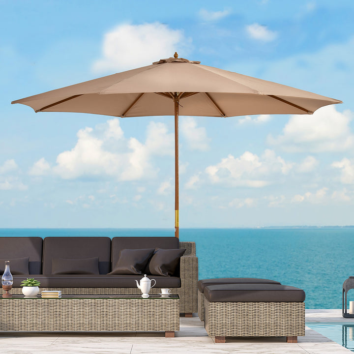 Chapéu de Sol de Jardim Ø300x250 cm com Sistema de Poleia Teto Ventilado e Mastro Desmontável de Madeira para Terraço Pátio Exterior Caqui