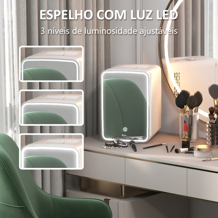 Mini Frigorífico para Cosméticos 10L Frigorífico Pequeno Silencioso 12V/240V para Arrefecer e Aquecer Espelho com Luzes LED Reguláveis para Maquilhagem Bebidas 23,5x28x34 cm Branco